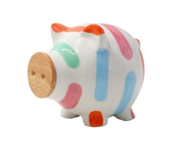 Pomme Pidou Spardose Money Bank M Schwein Piggy mit Holz Bunte Striche