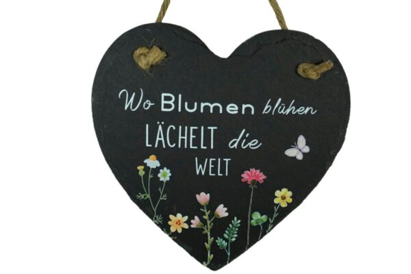 Deko Schieferschild Aufhänger Wo Blumen blühen Lächelt die Welt