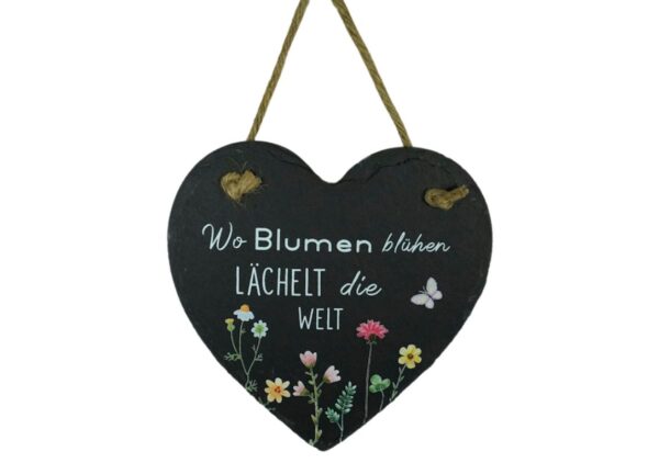 Deko Schieferschild Aufhänger Wo Blumen blühen Lächelt die Welt