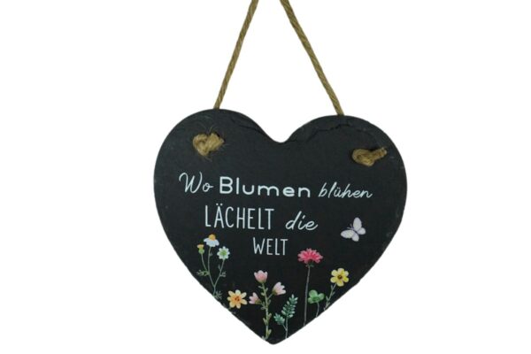 Deko Schieferschild Aufhänger Wo Blumen blühen Lächelt die Welt