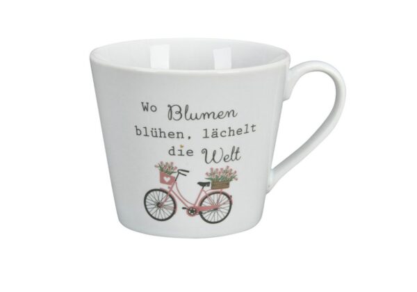 Krasilnikoff Henkeltasse Kaffeetasse Sprüche Tasse Wo Blumen blühen, lächelt die Welt