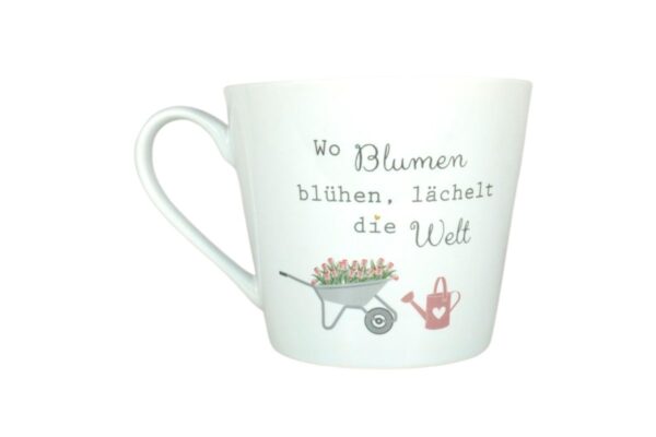 Krasilnikoff Henkeltasse Kaffeetasse Sprüche Tasse Wo Blumen blühen, lächelt die Welt
