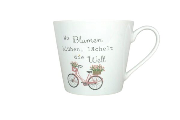 Krasilnikoff Henkeltasse Kaffeetasse Sprüche Tasse Wo Blumen blühen, lächelt die Welt