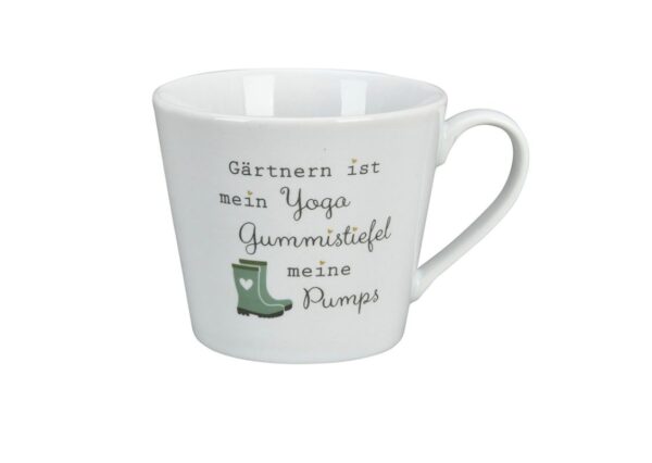 Krasilnikoff Henkeltasse Kaffeetasse Gärtnern ist mein Yoga Gummistiefel meine Pumps